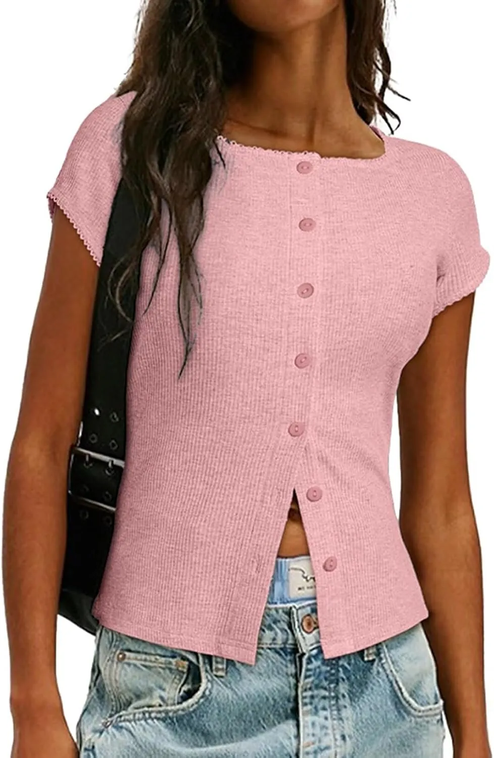 Sidefeel Women's Going Out Tops Summer Short Sleeve Cardigans Button Down Crewneck Lightweight Sweater Knit Tops