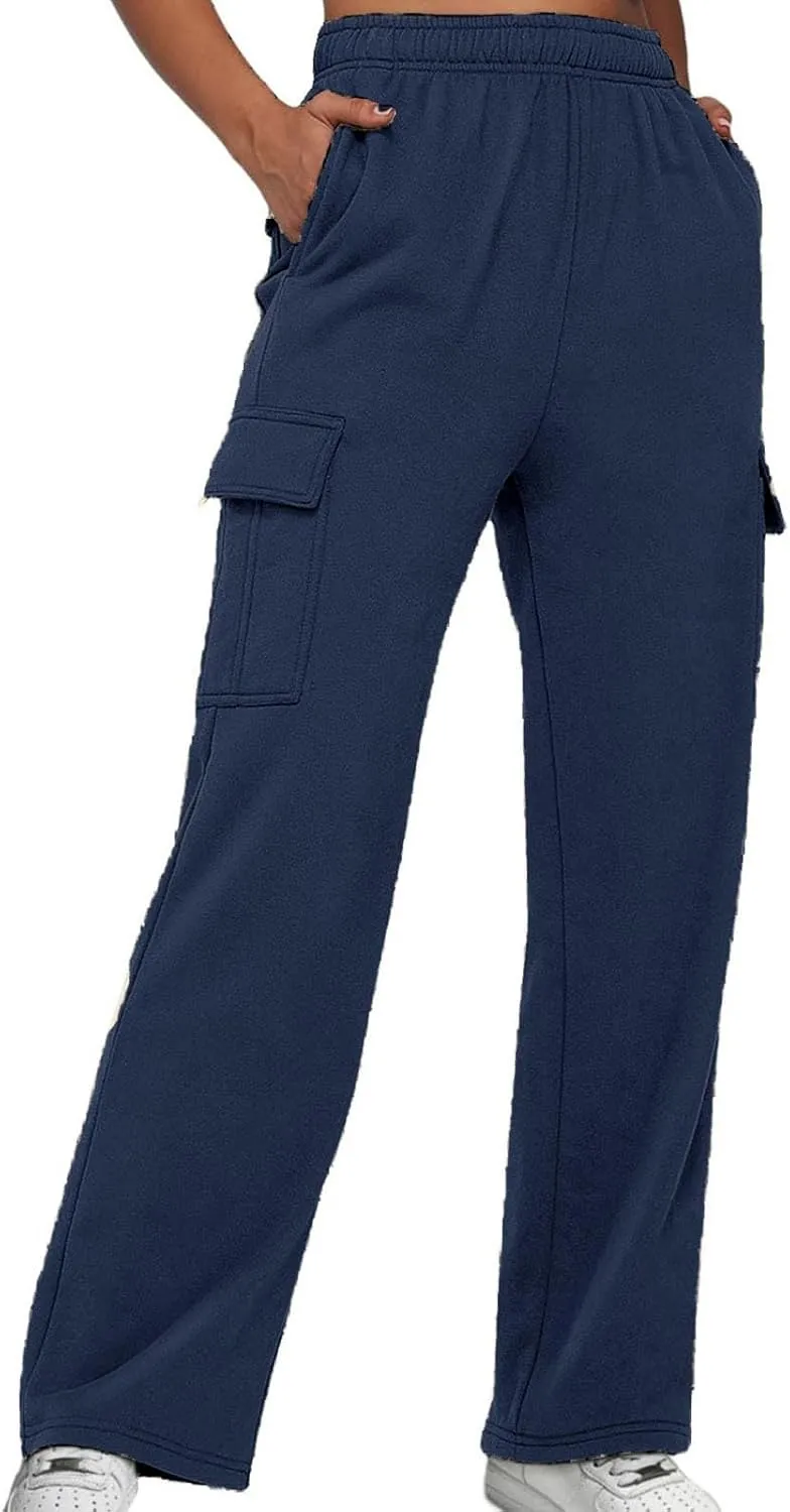 SMIDOW Cargo Pants for Women Baggy High Waist Straight Wide Leg Workout Running Jogger Pants Elastic Waist Lounge Trousers
