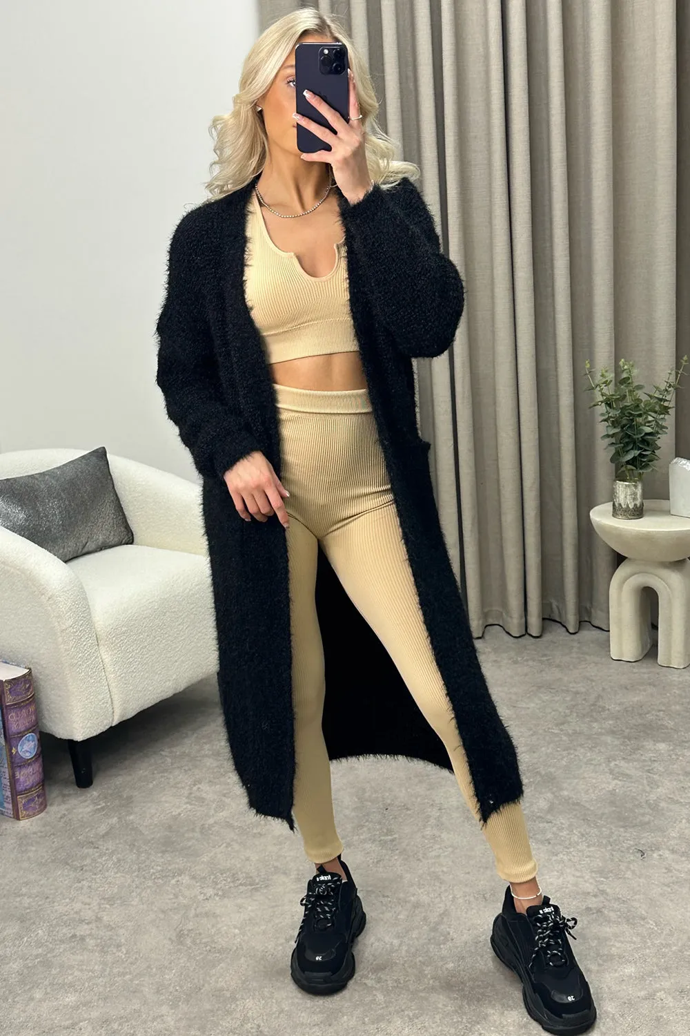Sohni Black Fluffy Longline Knitted Cardigan