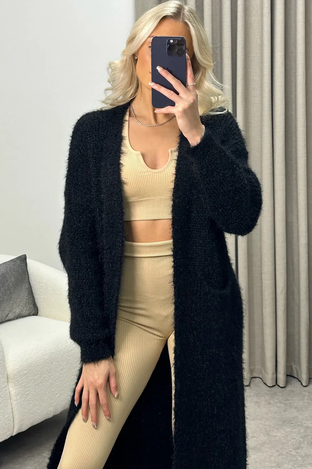 Sohni Black Fluffy Longline Knitted Cardigan