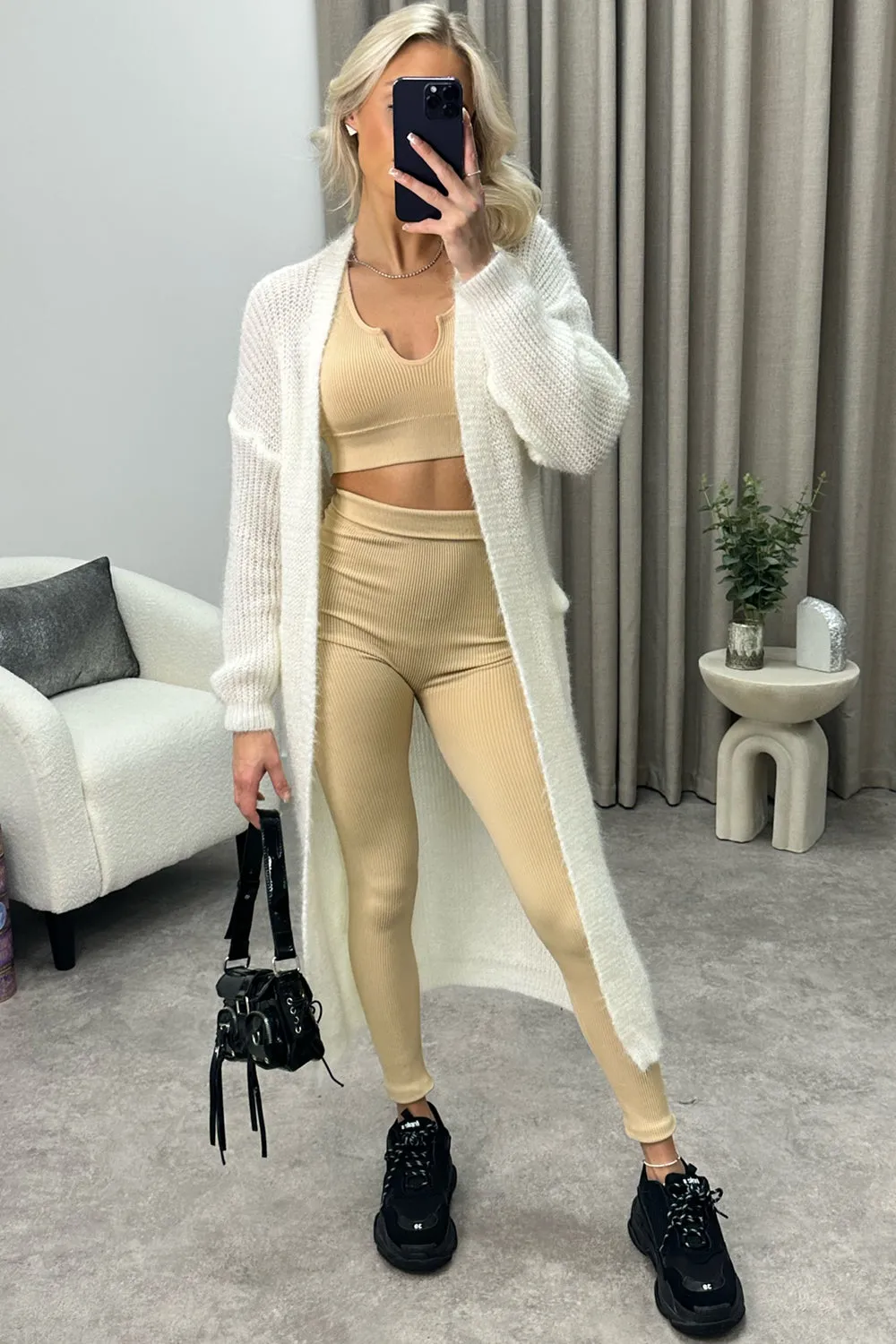 Sohni Cream Fluffy Longline Knitted Cardigan