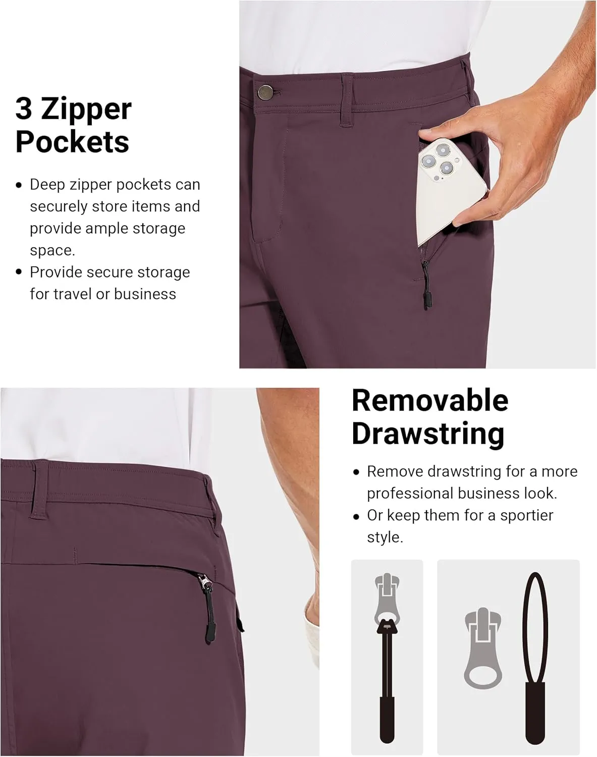 SPECIALMAGIC Golf Pants Men Stretch Slim fit Hiking Pants Lightweight Dress Casual Tapered Zipper Pockets