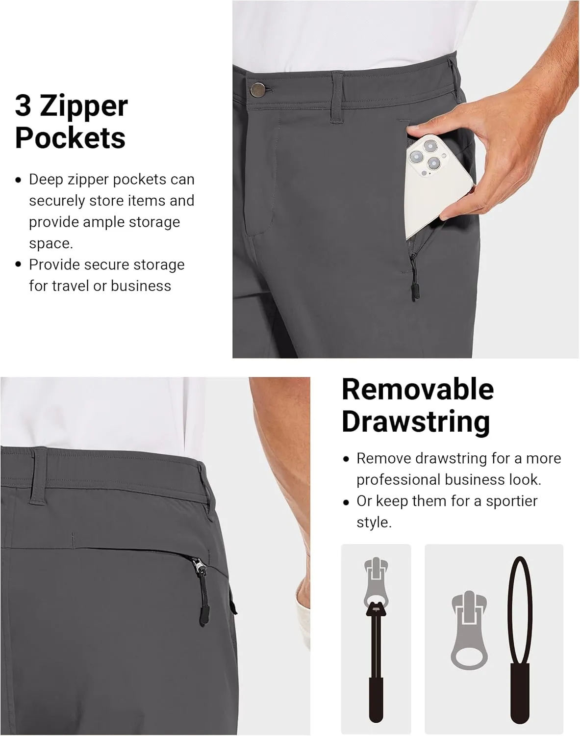 SPECIALMAGIC Golf Pants Men Stretch Slim fit Hiking Pants Lightweight Dress Casual Tapered Zipper Pockets