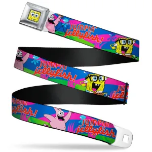 Sponge Bob Face CLOSE-UP Full Color Seatbelt Belt - Nerd SpongeBob & Patrick Starfish Running JUMPIN' JELLYFISH! Multi Color/Red Webbing