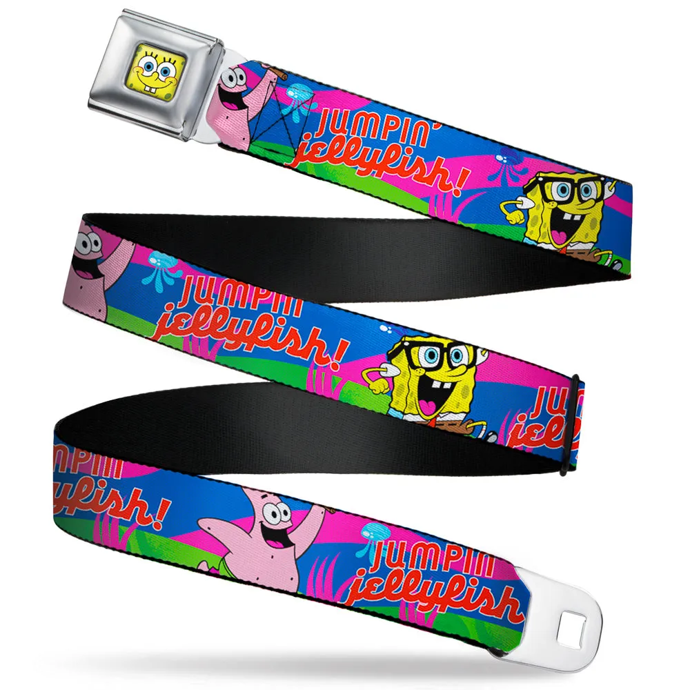 Sponge Bob Face CLOSE-UP Full Color Seatbelt Belt - Nerd SpongeBob & Patrick Starfish Running JUMPIN' JELLYFISH! Multi Color/Red Webbing