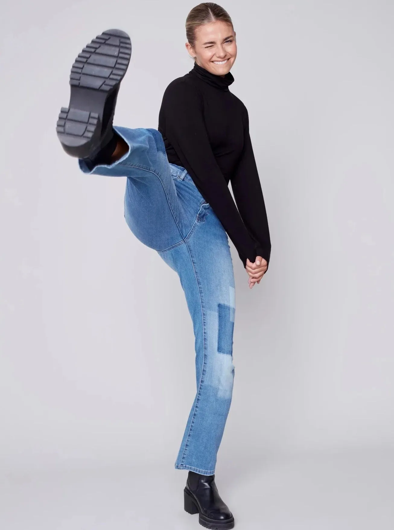 Straight Leg Jean With Dyed Patch [Medium Blue-C5433]