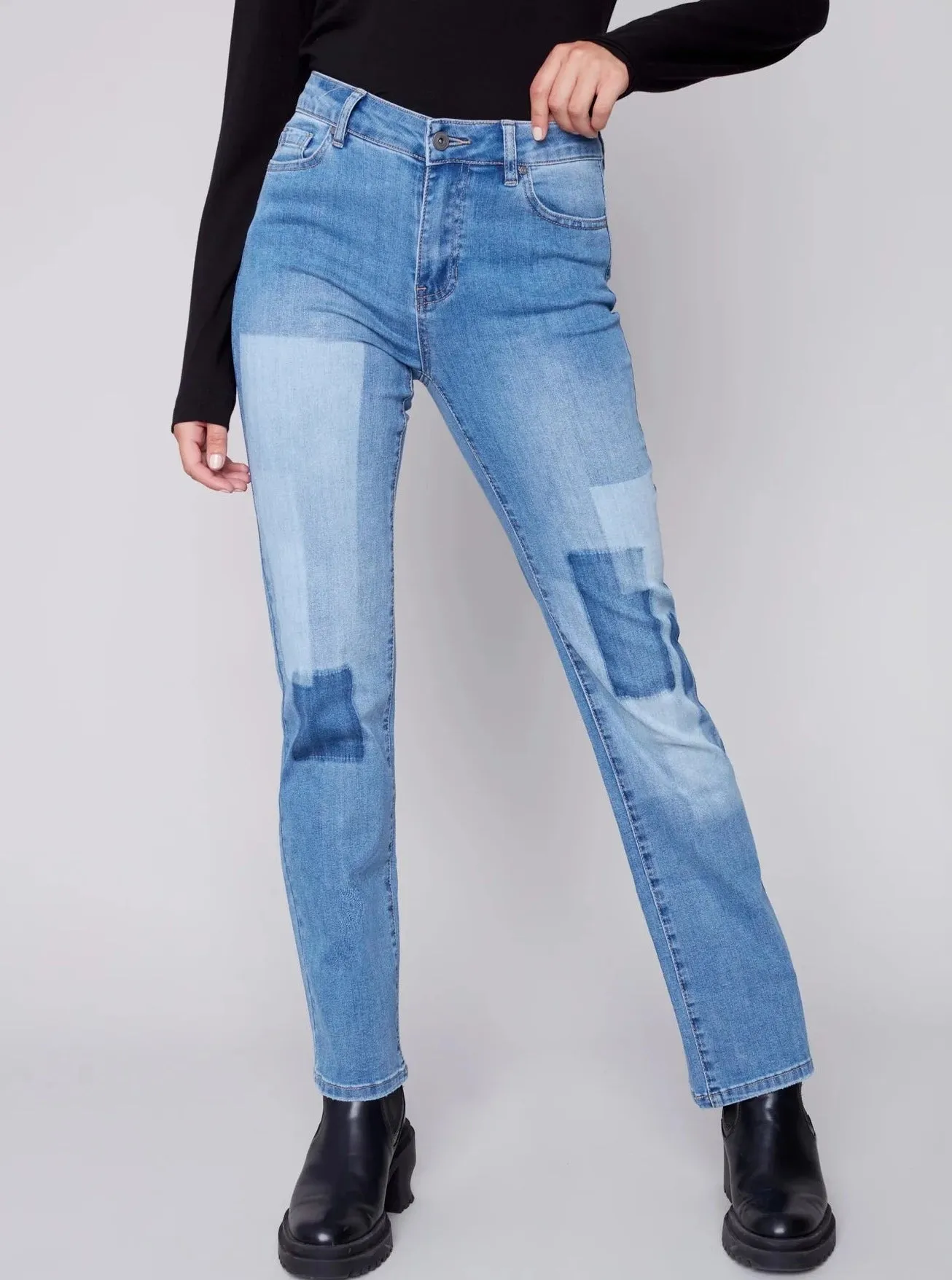 Straight Leg Jean With Dyed Patch [Medium Blue-C5433]