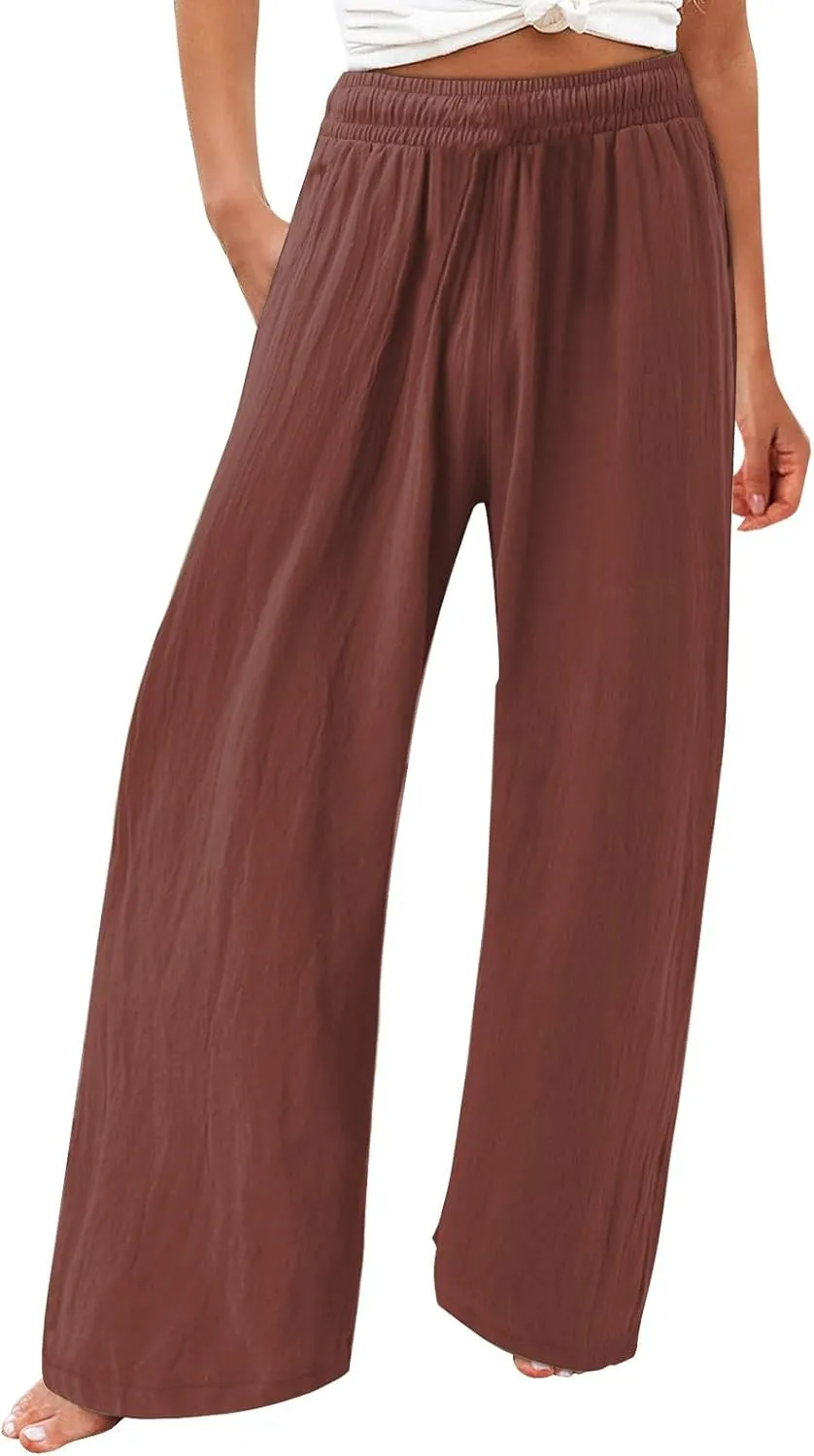 Striped Cotton Linen Cropped Pants Women Womens Wide Leg Linen Palazzo Pants Casual Elastic Waisted Loose Trousers