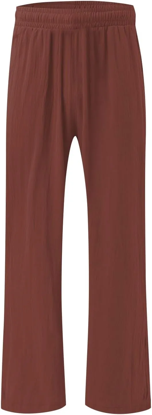 Striped Cotton Linen Cropped Pants Women Womens Wide Leg Linen Palazzo Pants Casual Elastic Waisted Loose Trousers