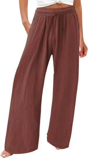 Striped Cotton Linen Cropped Pants Women Womens Wide Leg Linen Palazzo Pants Casual Elastic Waisted Loose Trousers