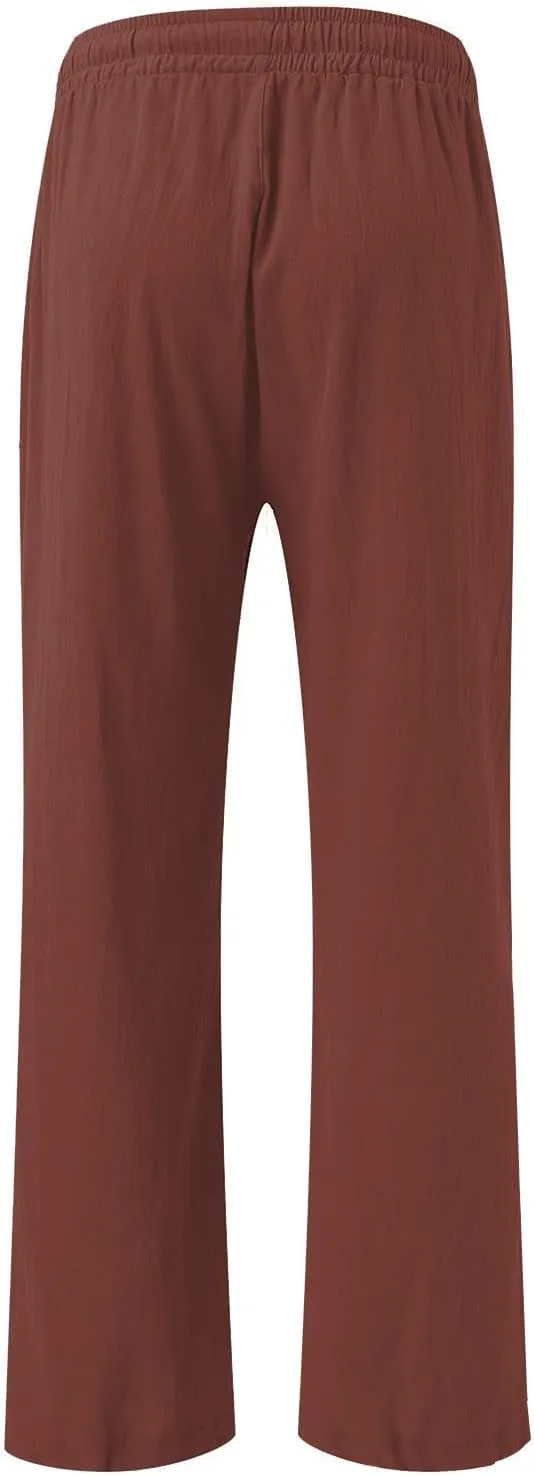 Striped Cotton Linen Cropped Pants Women Womens Wide Leg Linen Palazzo Pants Casual Elastic Waisted Loose Trousers