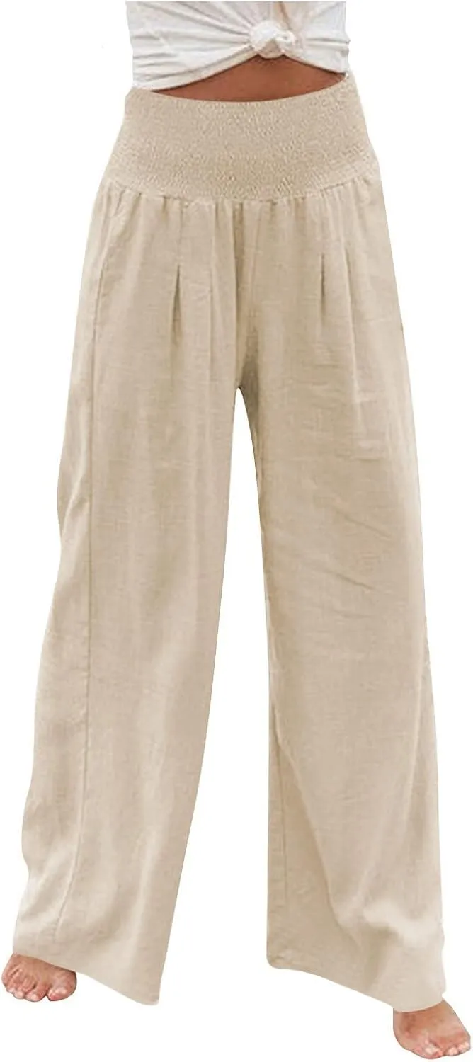 Striped Cotton Linen Cropped Pants Women Womens Wide Leg Linen Palazzo Pants Casual Elastic Waisted Loose Trousers
