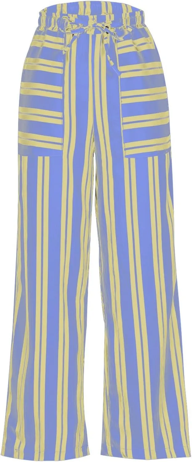 Striped Pants for Women Fashion Drawstring High Waist Palazzo Trousers with Pockets Loose Fit Wide Leg Lounge Pants