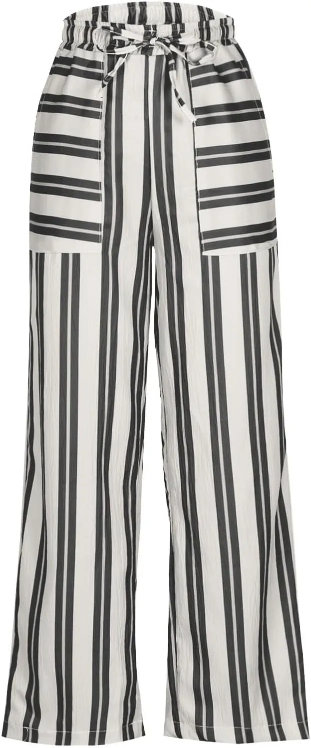 Striped Pants for Women Fashion Drawstring High Waist Palazzo Trousers with Pockets Loose Fit Wide Leg Lounge Pants