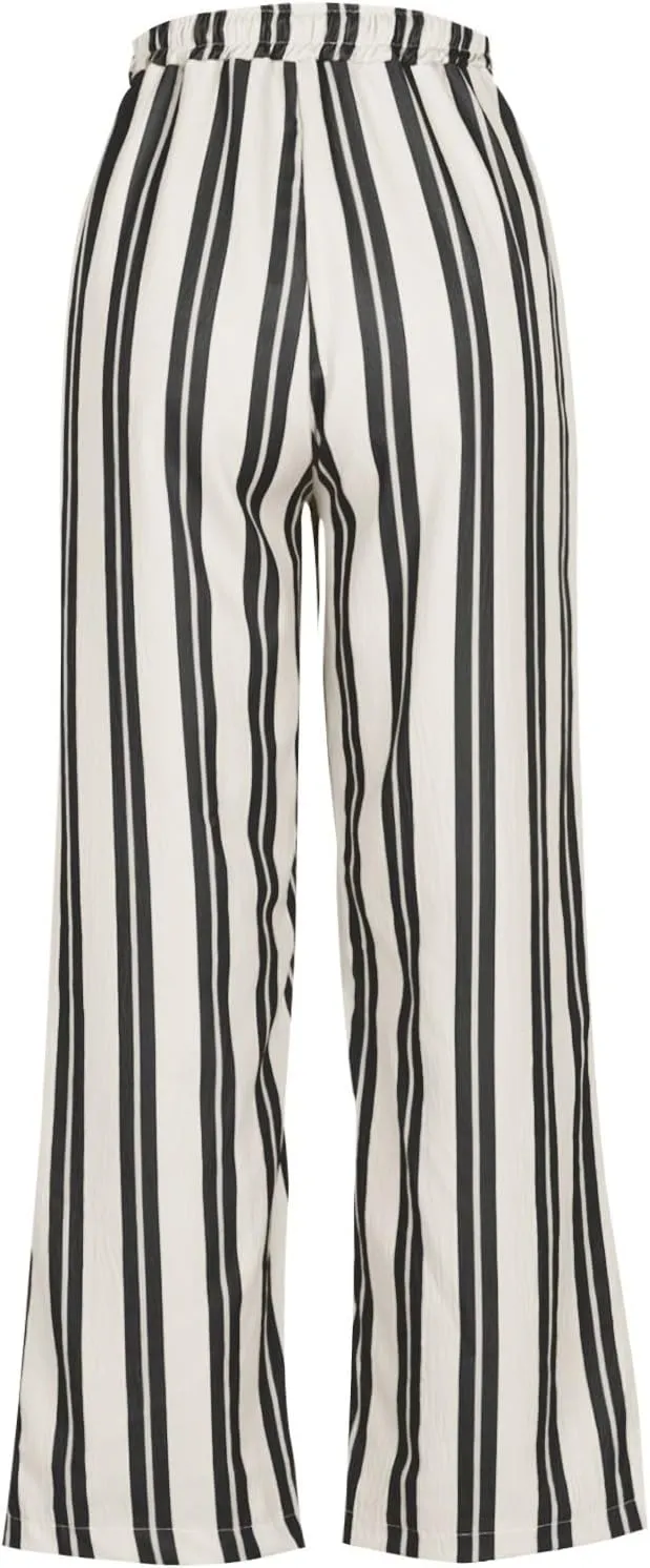 Striped Pants for Women Fashion Drawstring High Waist Palazzo Trousers with Pockets Loose Fit Wide Leg Lounge Pants