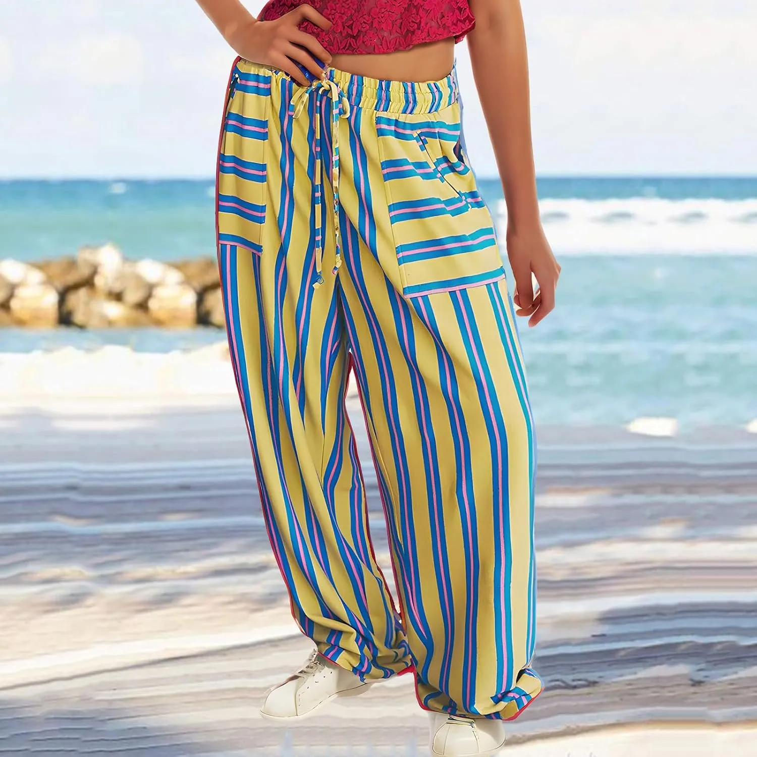 Striped Pants for Women Fashion Drawstring High Waist Palazzo Trousers with Pockets Loose Fit Wide Leg Lounge Pants