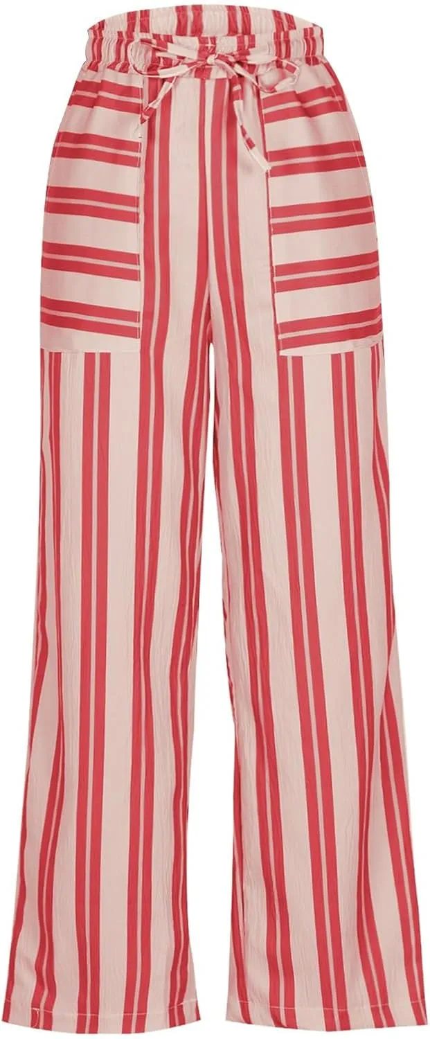 Striped Pants for Women Fashion Drawstring High Waist Palazzo Trousers with Pockets Loose Fit Wide Leg Lounge Pants