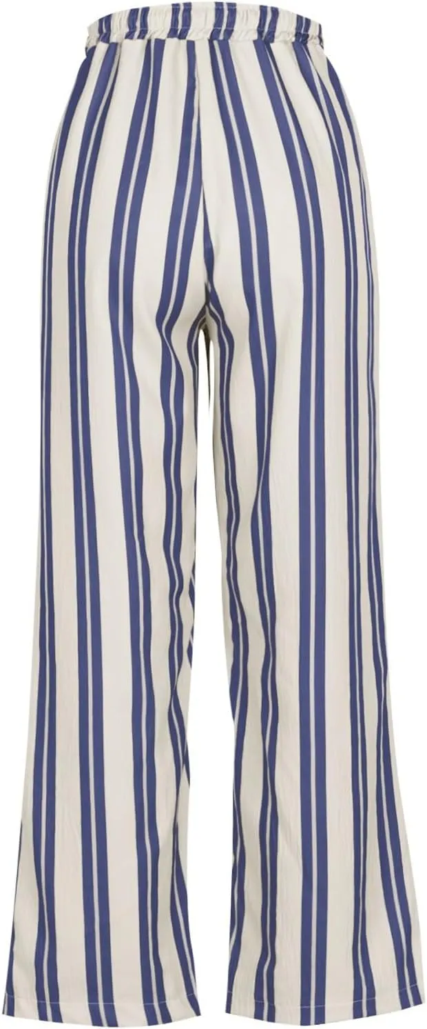 Striped Pants for Women Fashion Drawstring High Waist Palazzo Trousers with Pockets Loose Fit Wide Leg Lounge Pants