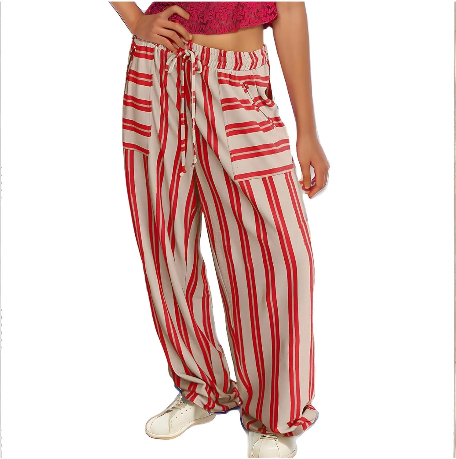 Striped Pants for Women Fashion Drawstring High Waist Palazzo Trousers with Pockets Loose Fit Wide Leg Lounge Pants