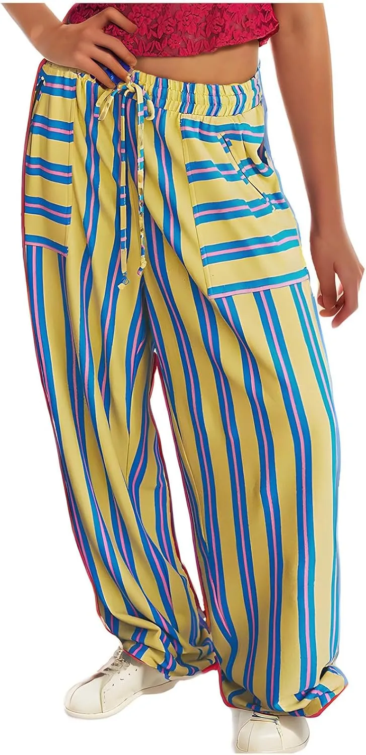 Striped Pants for Women Fashion Drawstring High Waist Palazzo Trousers with Pockets Loose Fit Wide Leg Lounge Pants