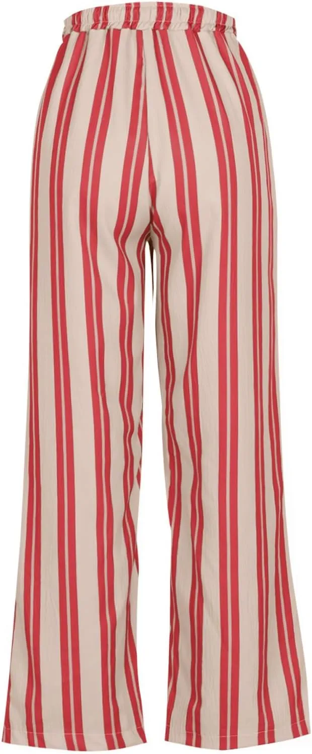 Striped Pants for Women Fashion Drawstring High Waist Palazzo Trousers with Pockets Loose Fit Wide Leg Lounge Pants