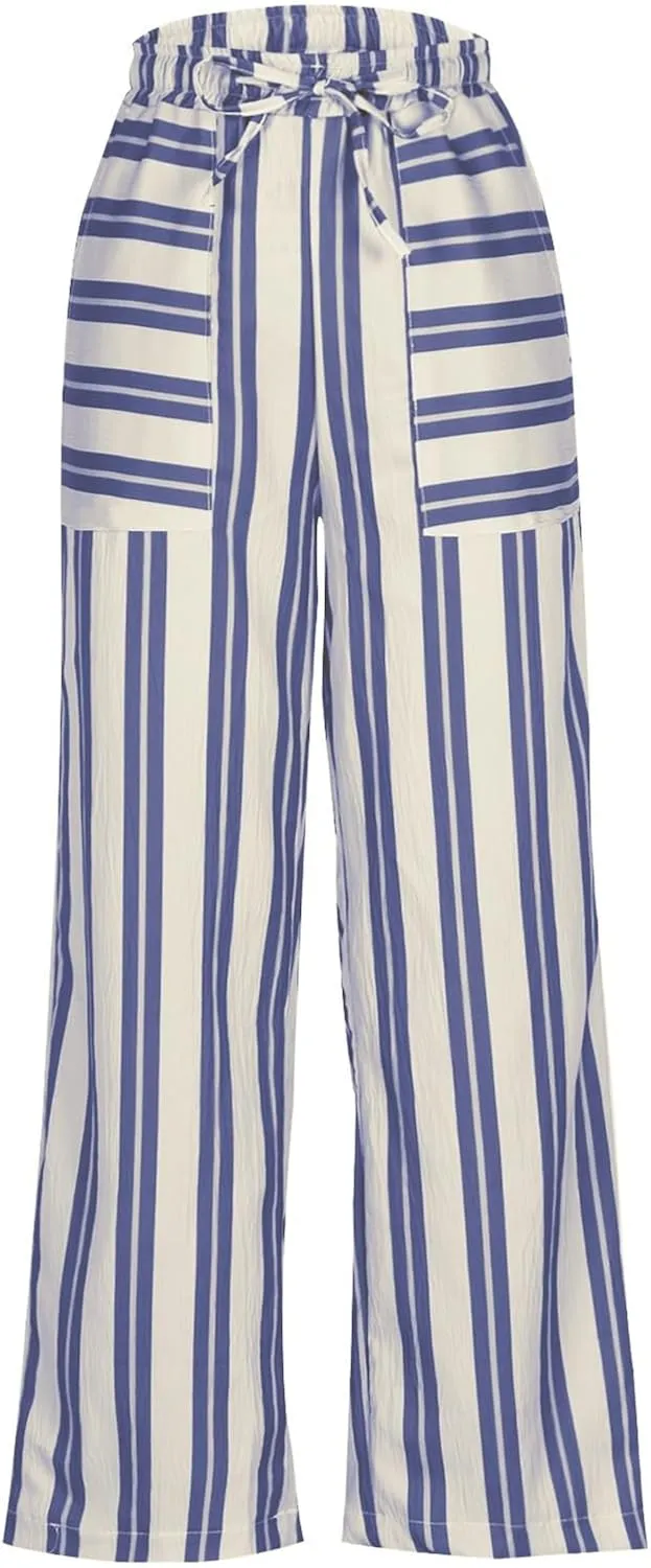 Striped Pants for Women Fashion Drawstring High Waist Palazzo Trousers with Pockets Loose Fit Wide Leg Lounge Pants