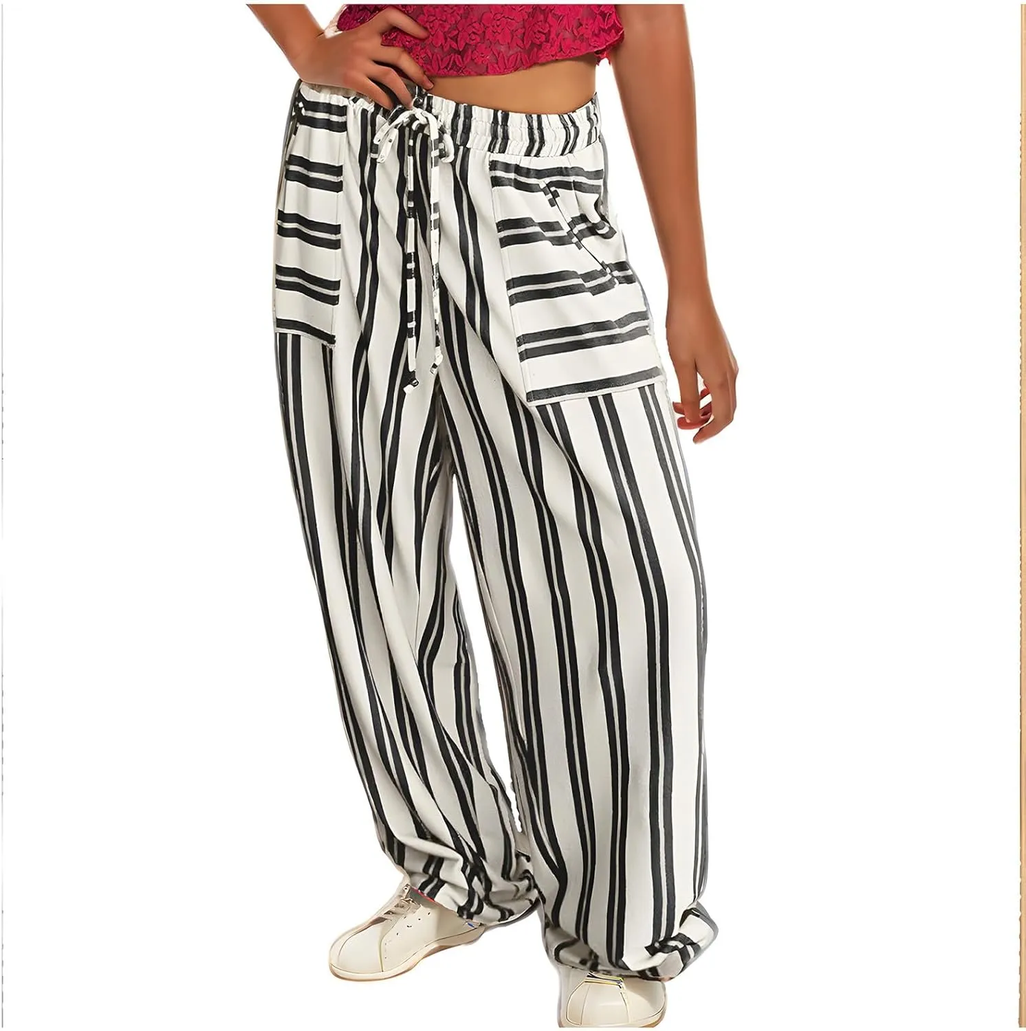Striped Pants for Women Fashion Drawstring High Waist Palazzo Trousers with Pockets Loose Fit Wide Leg Lounge Pants