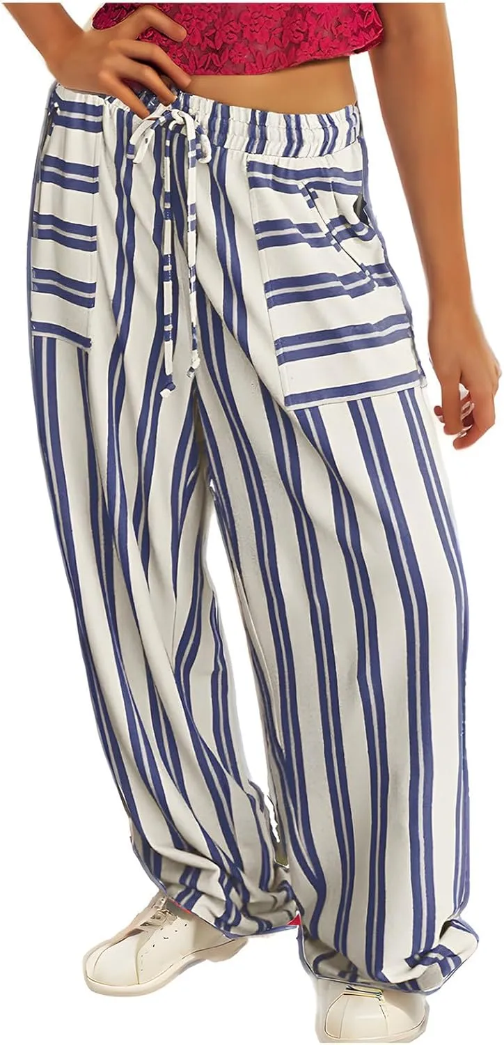 Striped Pants for Women Fashion Drawstring High Waist Palazzo Trousers with Pockets Loose Fit Wide Leg Lounge Pants