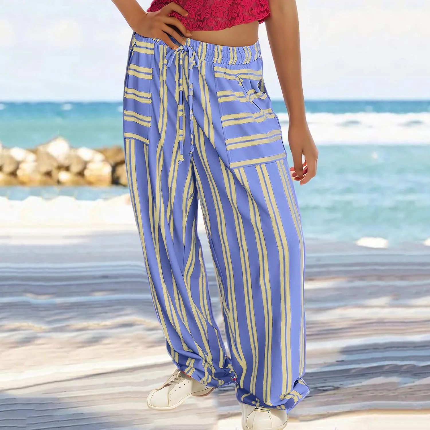 Striped Pants for Women Fashion Drawstring High Waist Palazzo Trousers with Pockets Loose Fit Wide Leg Lounge Pants