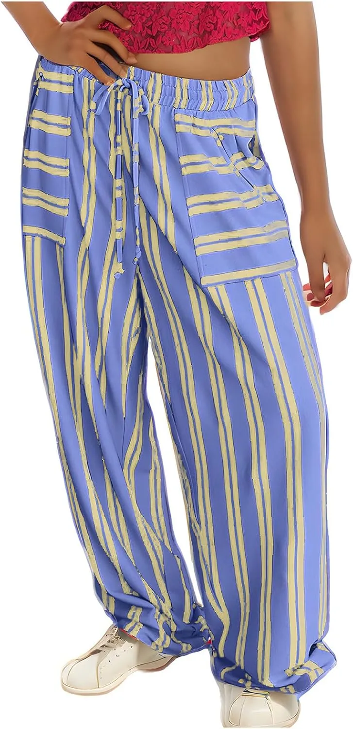 Striped Pants for Women Fashion Drawstring High Waist Palazzo Trousers with Pockets Loose Fit Wide Leg Lounge Pants