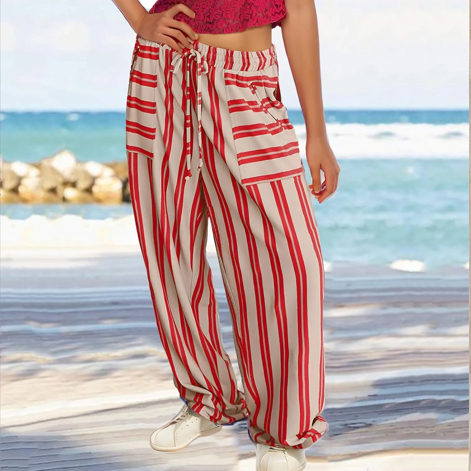 Striped Pants for Women Fashion Drawstring High Waist Palazzo Trousers with Pockets Loose Fit Wide Leg Lounge Pants