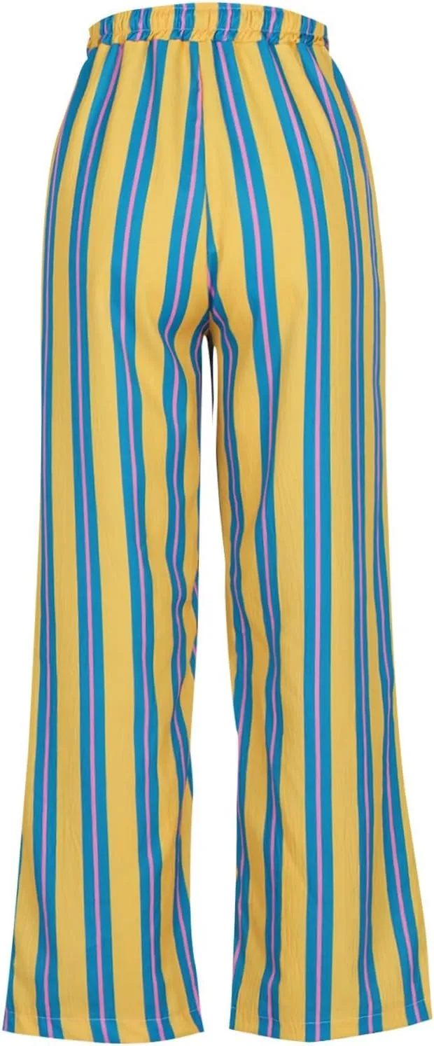 Striped Pants for Women Fashion Drawstring High Waist Palazzo Trousers with Pockets Loose Fit Wide Leg Lounge Pants