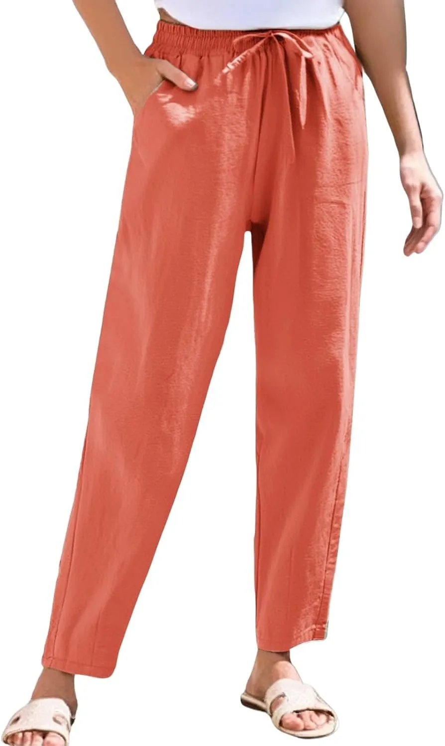 Summer Beach Linen Drawstring Pants Women Petite Lightweight Loose Fit Elastic Waist Cropped Pants with Pockets