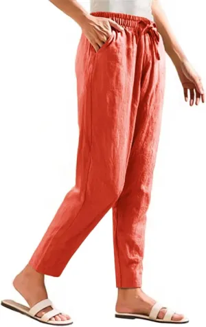 Summer Beach Linen Drawstring Pants Women Petite Lightweight Loose Fit Elastic Waist Cropped Pants with Pockets