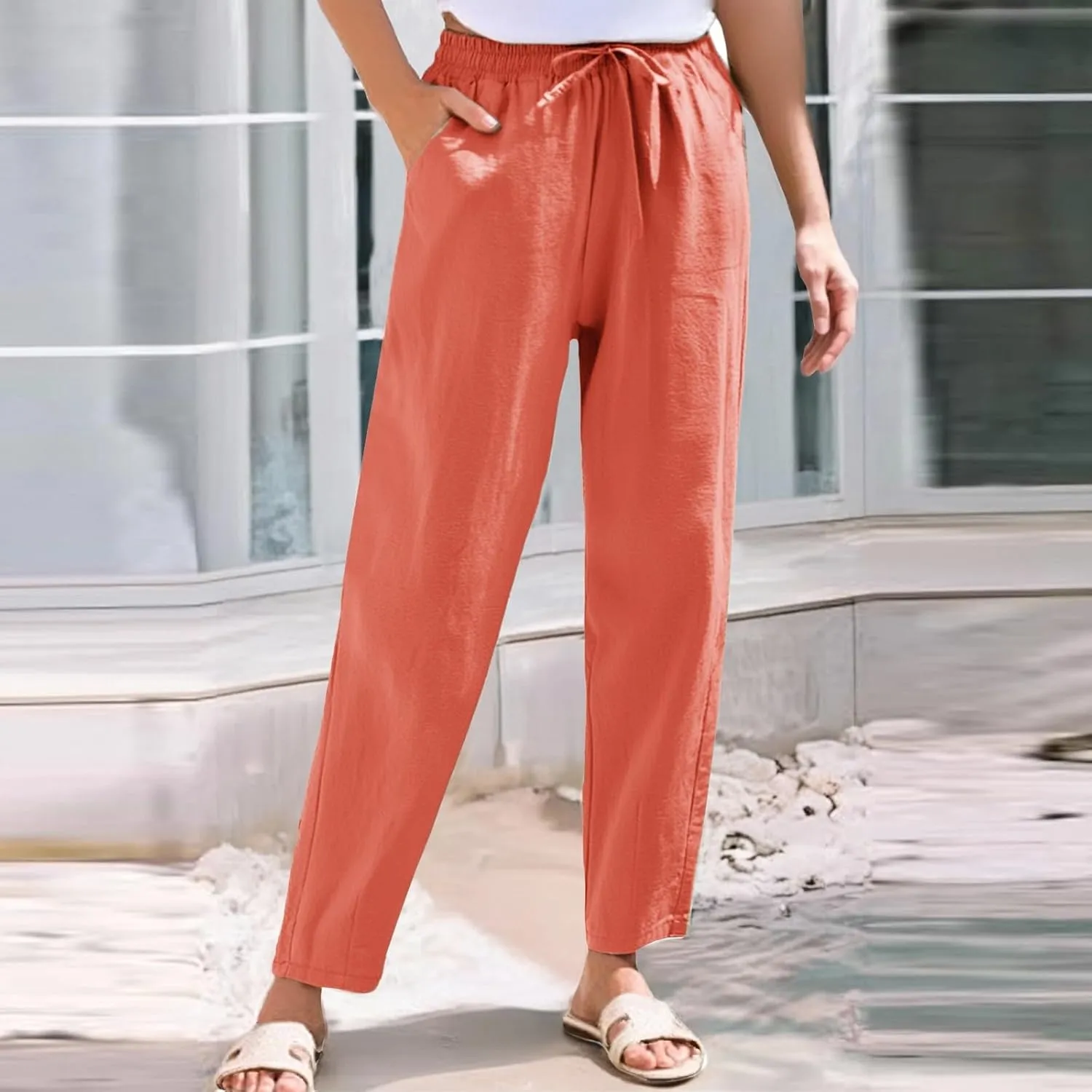 Summer Beach Linen Drawstring Pants Women Petite Lightweight Loose Fit Elastic Waist Cropped Pants with Pockets