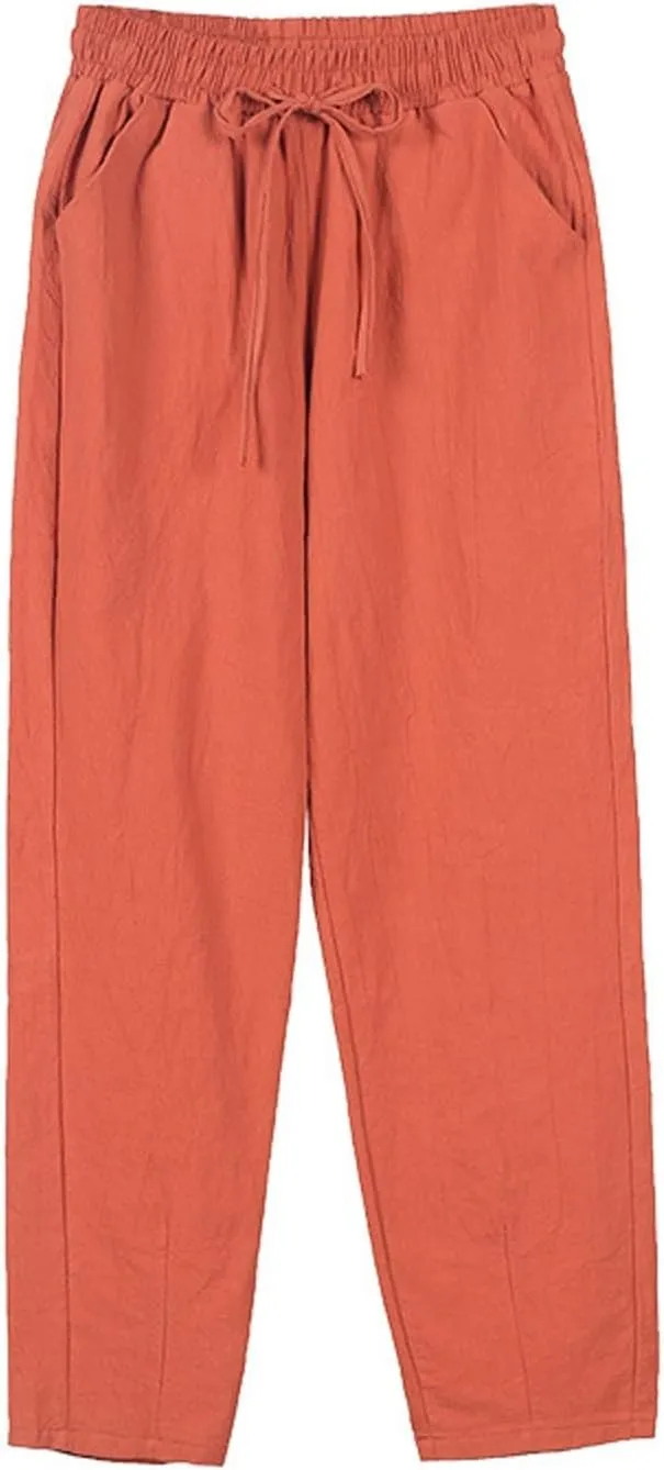 Summer Beach Linen Drawstring Pants Women Petite Lightweight Loose Fit Elastic Waist Cropped Pants with Pockets
