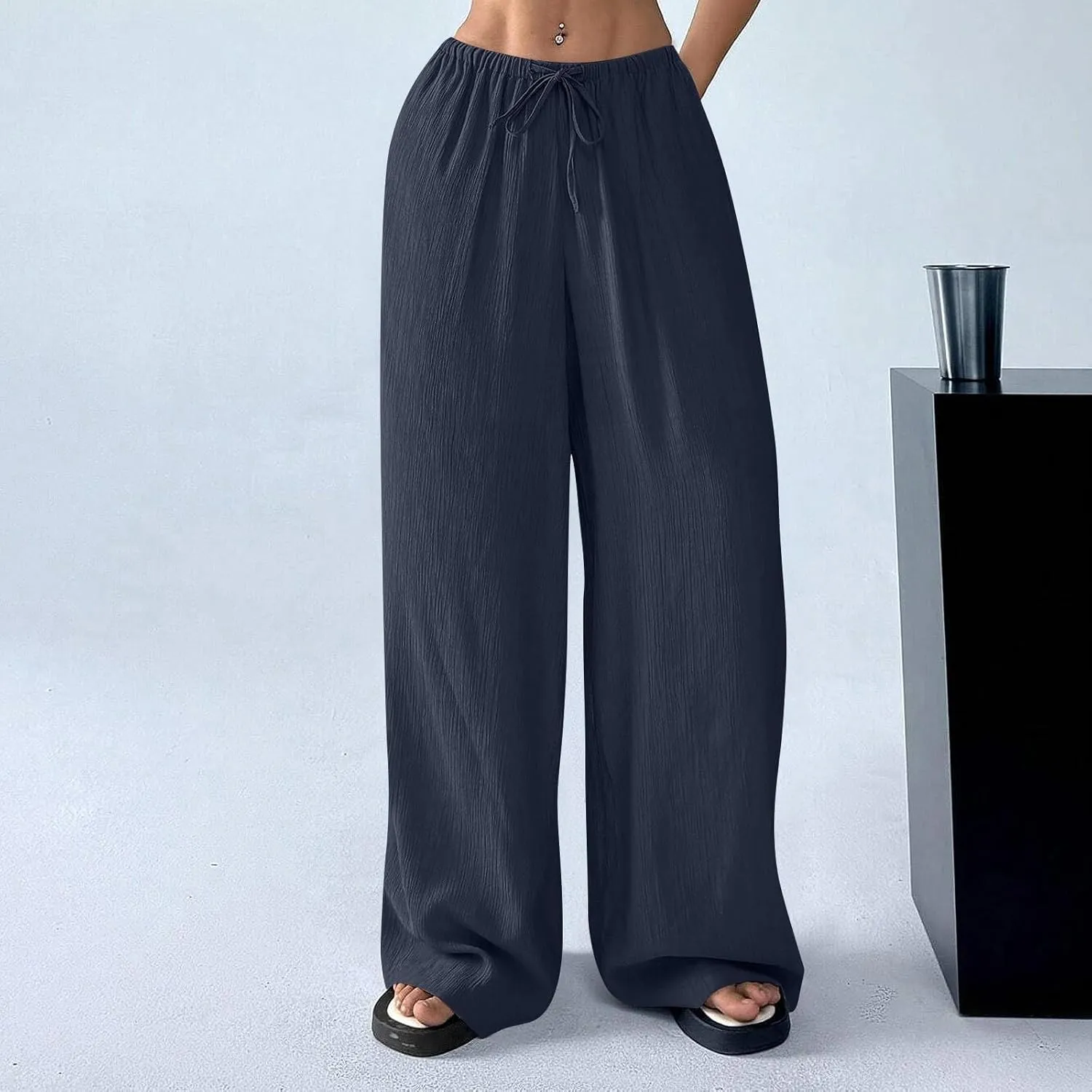 Summer Casual Pants for Women Linen Lightweight Wide Leg Elastic Waist Palazzo Pants Trendy Straight Outfit with Pockets
