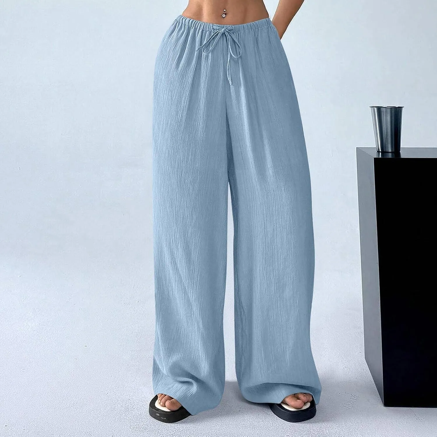 Summer Casual Pants for Women Linen Lightweight Wide Leg Elastic Waist Palazzo Pants Trendy Straight Outfit with Pockets