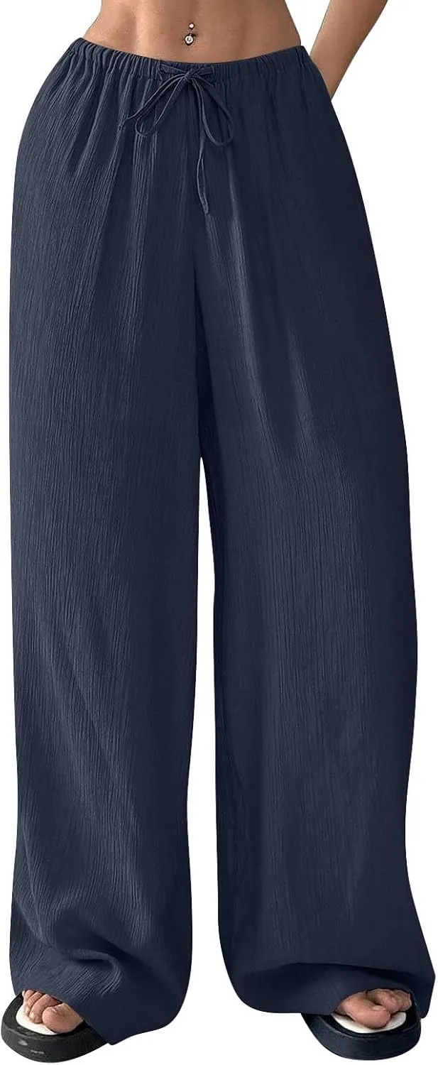 Summer Casual Pants for Women Linen Lightweight Wide Leg Elastic Waist Palazzo Pants Trendy Straight Outfit with Pockets