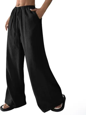 Summer Casual Pants for Women Linen Lightweight Wide Leg Elastic Waist Palazzo Pants Trendy Straight Outfit with Pockets