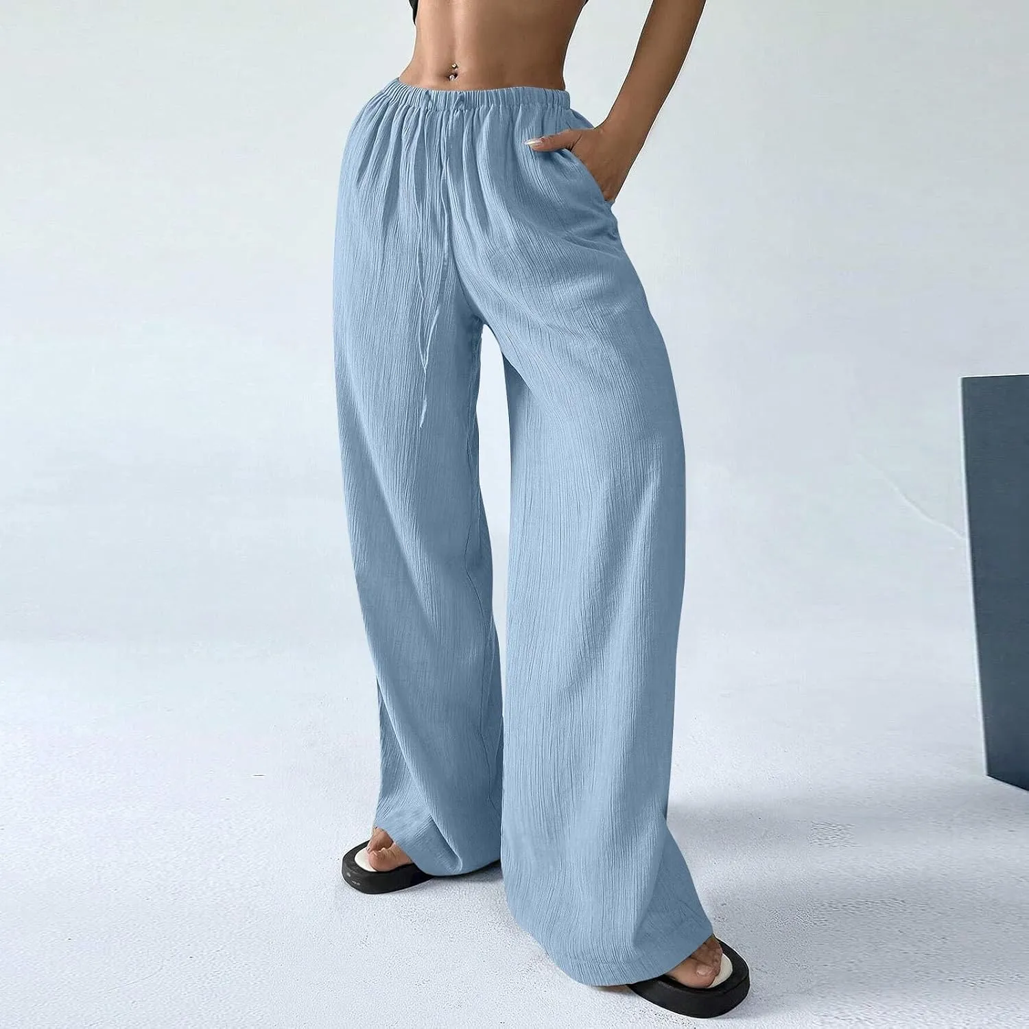 Summer Casual Pants for Women Linen Lightweight Wide Leg Elastic Waist Palazzo Pants Trendy Straight Outfit with Pockets