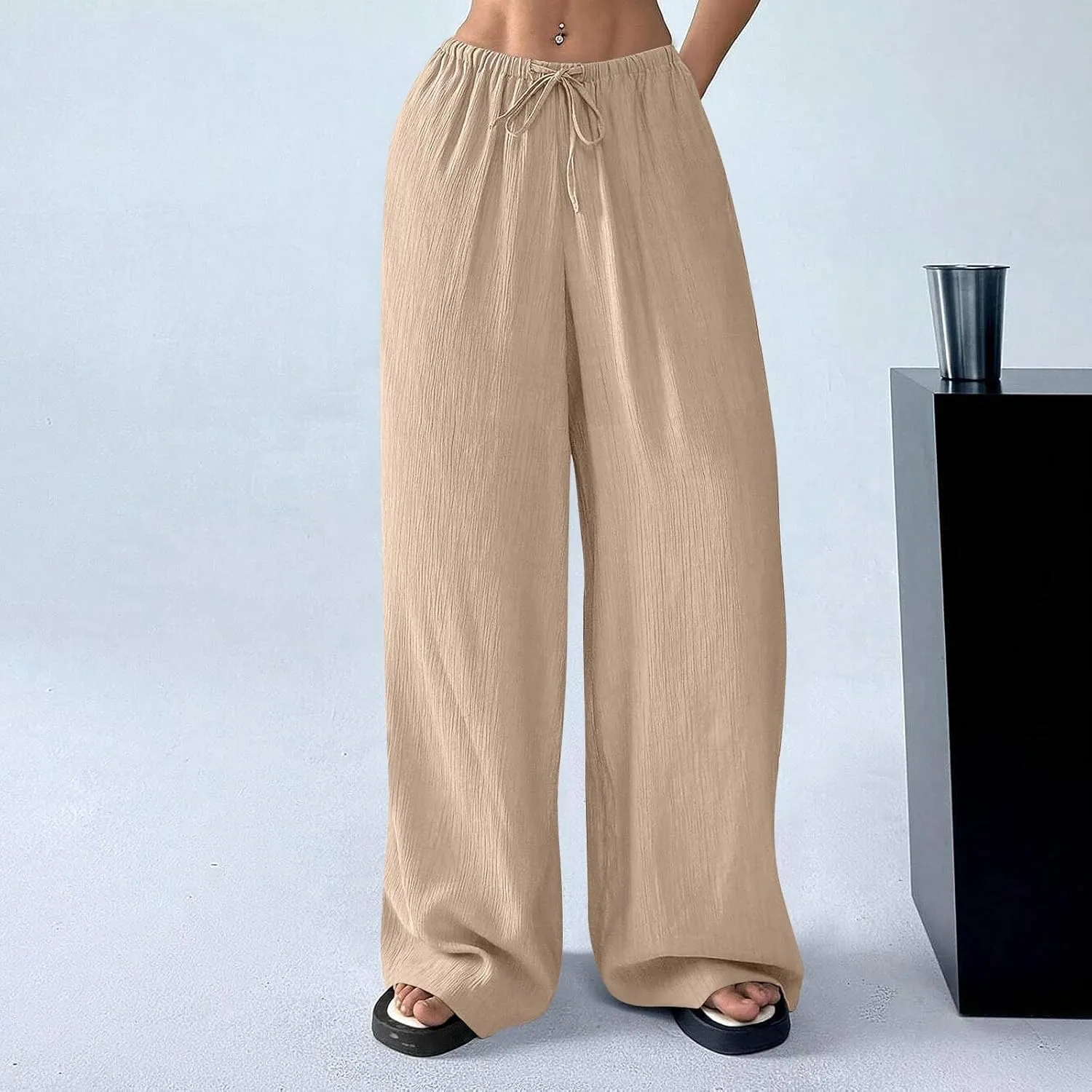 Summer Casual Pants for Women Linen Lightweight Wide Leg Elastic Waist Palazzo Pants Trendy Straight Outfit with Pockets
