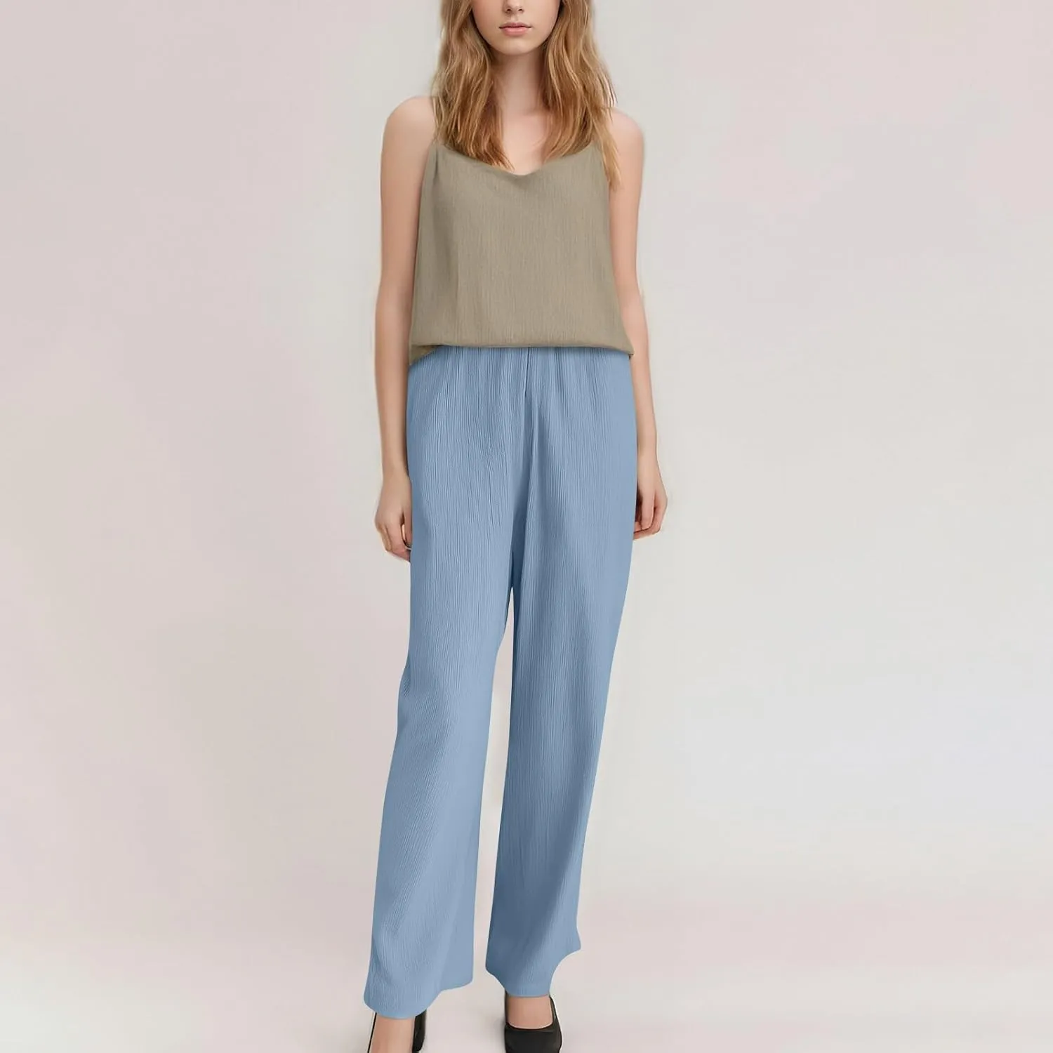 Summer Casual Pants for Women Linen Lightweight Wide Leg Elastic Waist Palazzo Pants Trendy Straight Outfit with Pockets