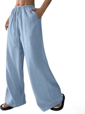 Summer Casual Pants for Women Linen Lightweight Wide Leg Elastic Waist Palazzo Pants Trendy Straight Outfit with Pockets
