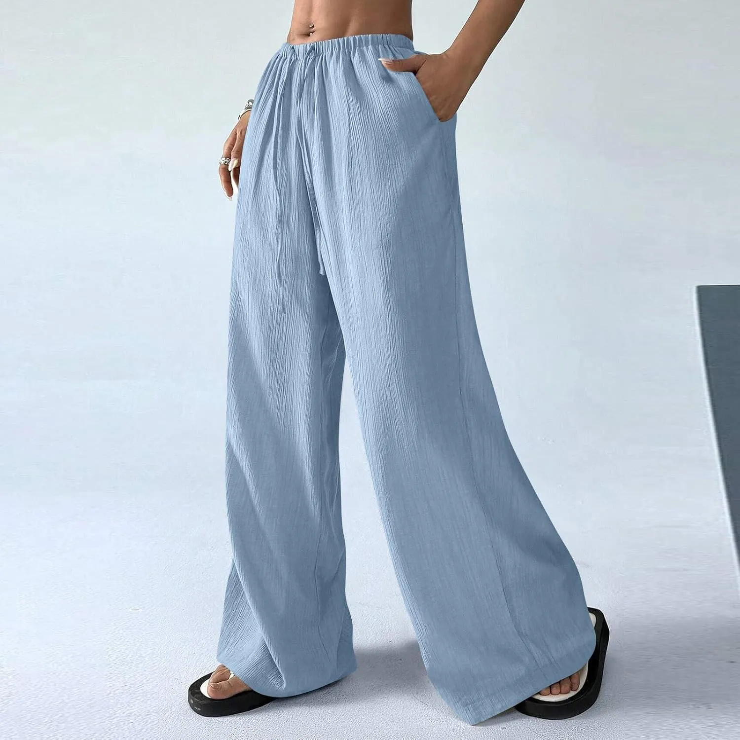 Summer Casual Pants for Women Linen Lightweight Wide Leg Elastic Waist Palazzo Pants Trendy Straight Outfit with Pockets