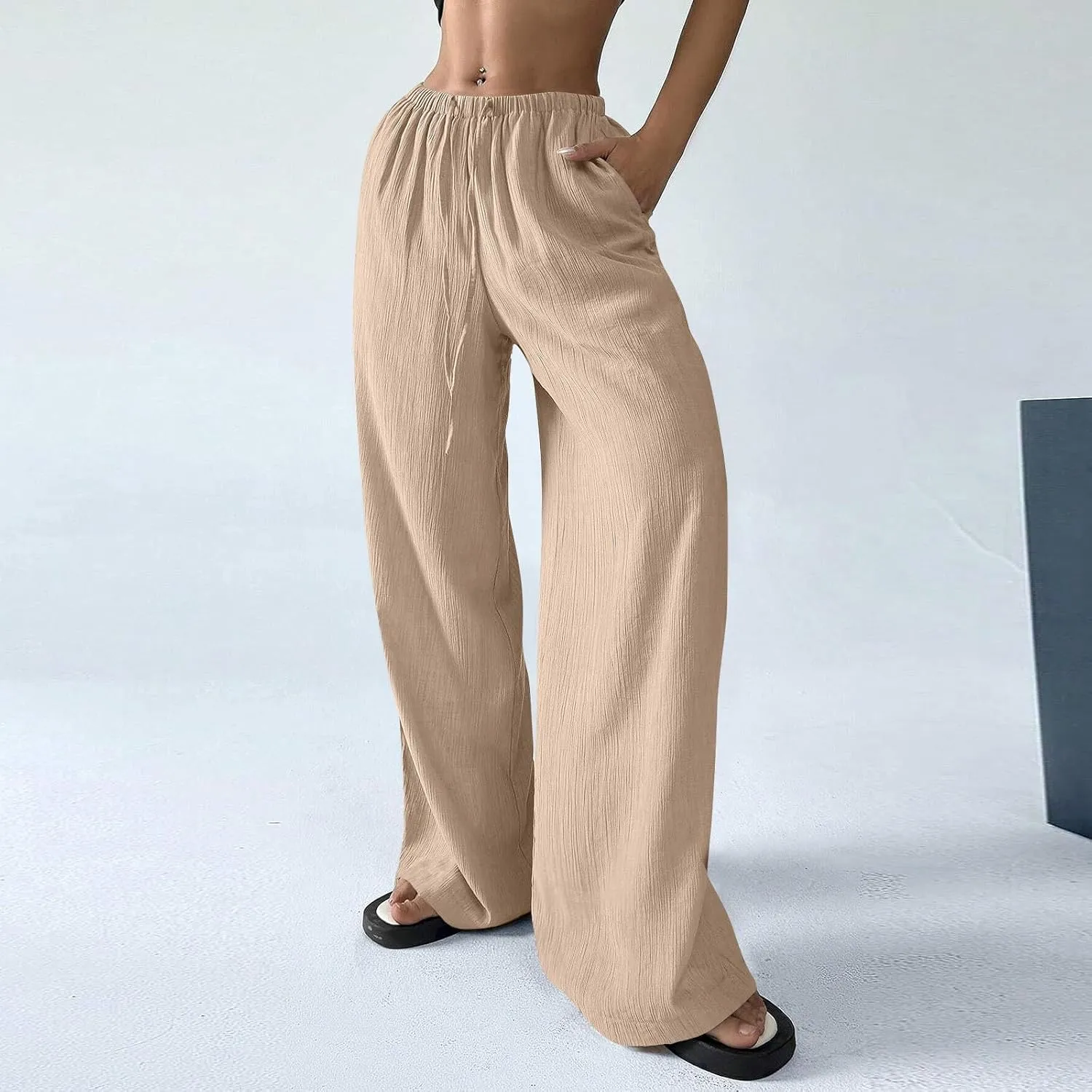 Summer Casual Pants for Women Linen Lightweight Wide Leg Elastic Waist Palazzo Pants Trendy Straight Outfit with Pockets
