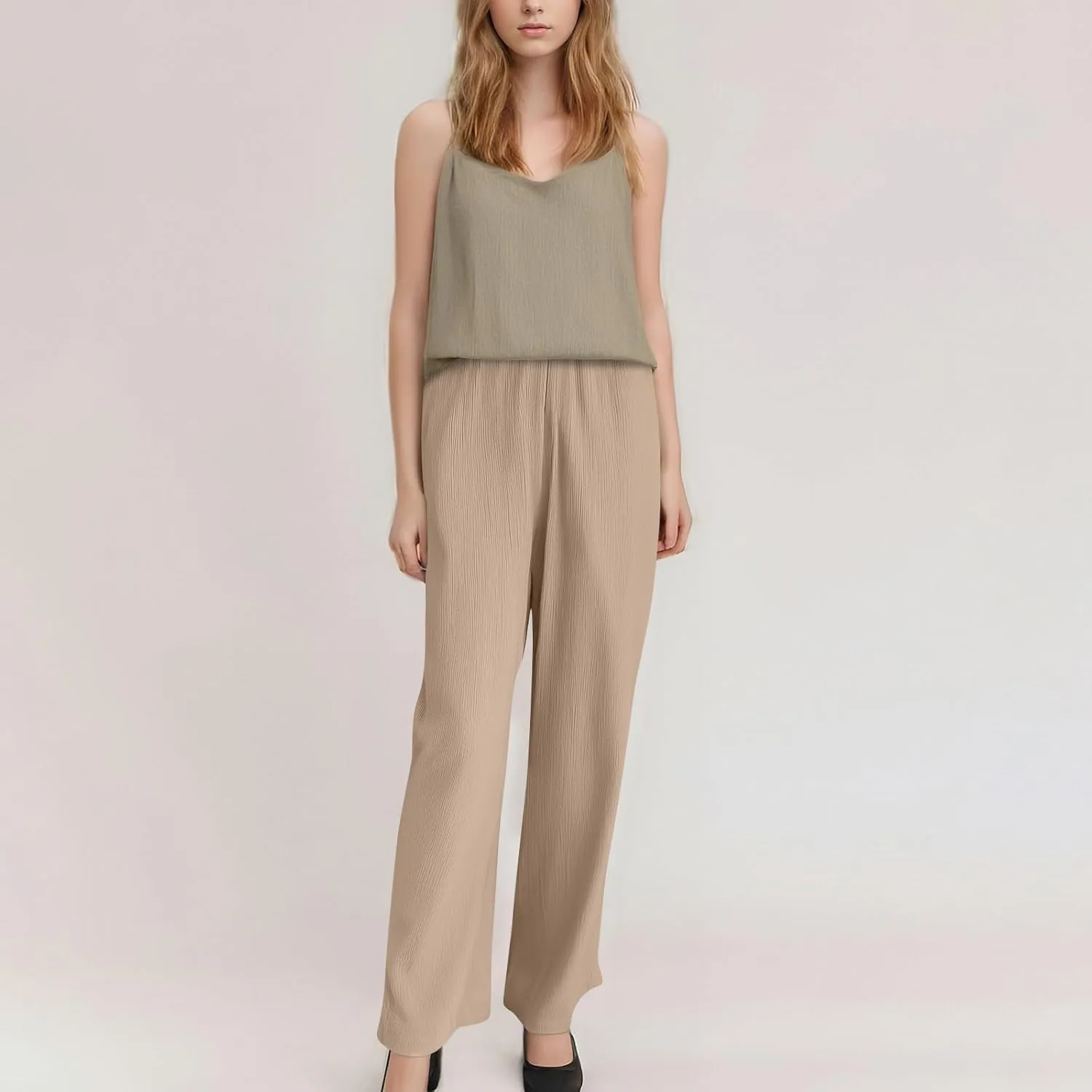 Summer Casual Pants for Women Linen Lightweight Wide Leg Elastic Waist Palazzo Pants Trendy Straight Outfit with Pockets
