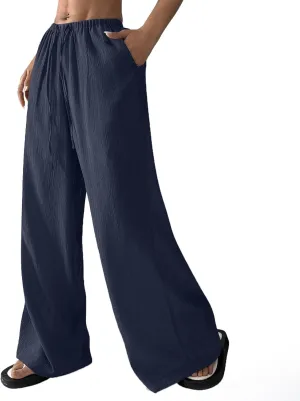 Summer Casual Pants for Women Linen Lightweight Wide Leg Elastic Waist Palazzo Pants Trendy Straight Outfit with Pockets