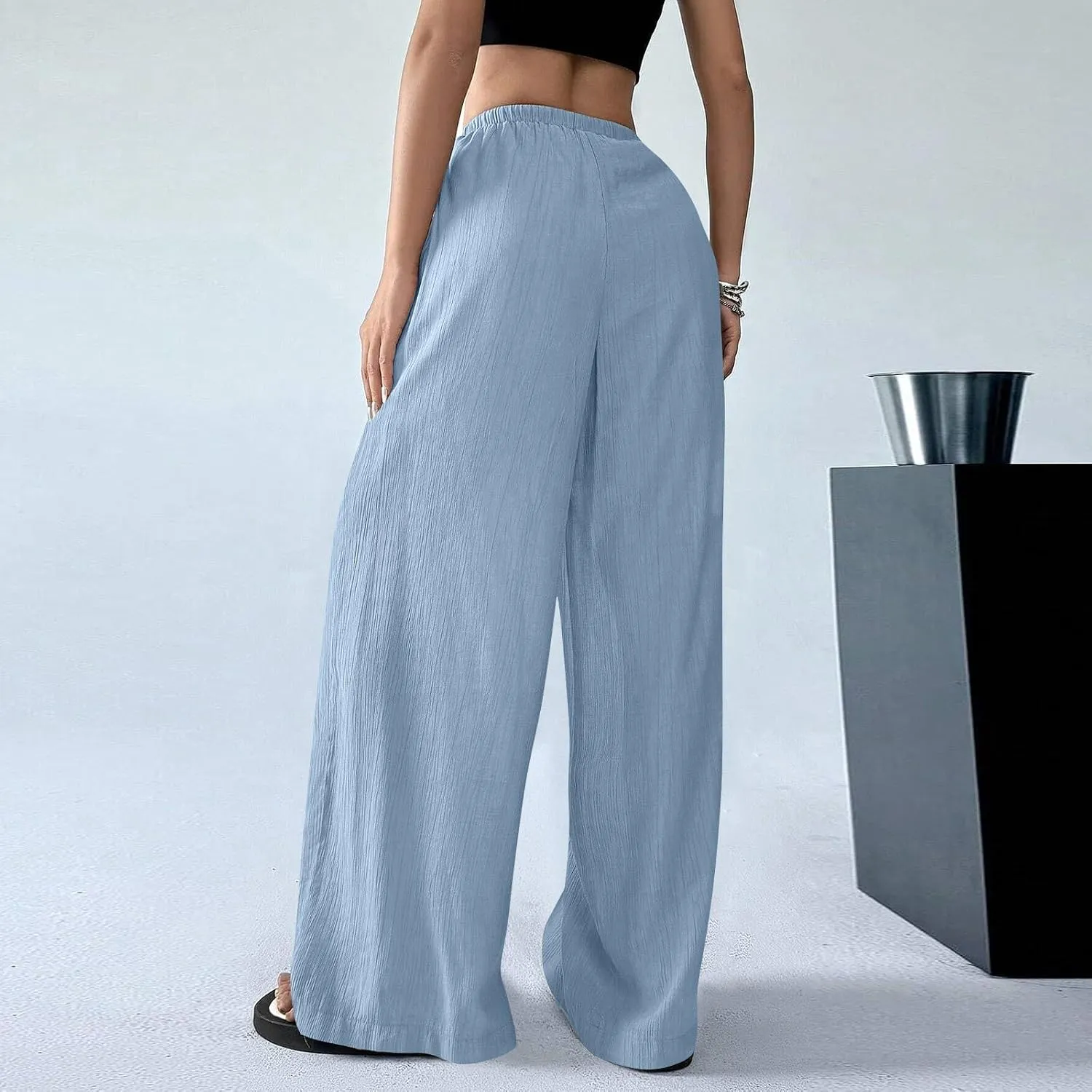 Summer Casual Pants for Women Linen Lightweight Wide Leg Elastic Waist Palazzo Pants Trendy Straight Outfit with Pockets