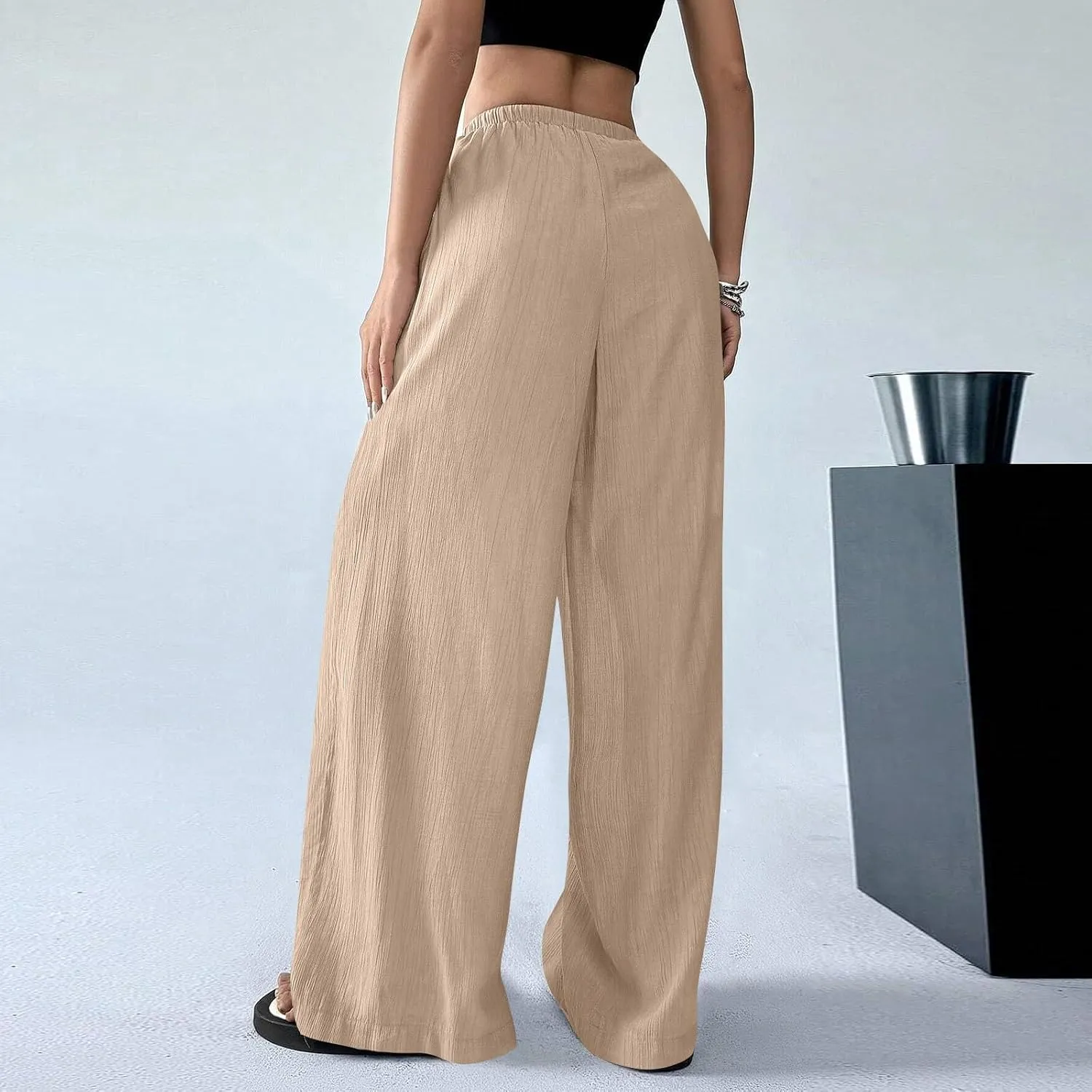 Summer Casual Pants for Women Linen Lightweight Wide Leg Elastic Waist Palazzo Pants Trendy Straight Outfit with Pockets